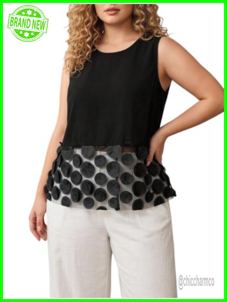 Sleeveless Tunic Top With Mesh Polka Dots Applique
